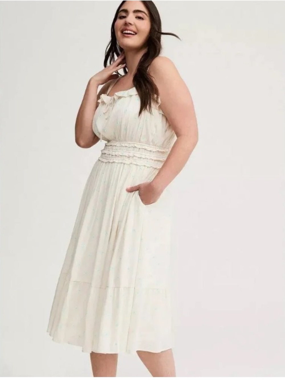 Torrid Shirred Bodice Midi Dress Crinkle Gauze Mini Daisy Cream Blue Size 1X